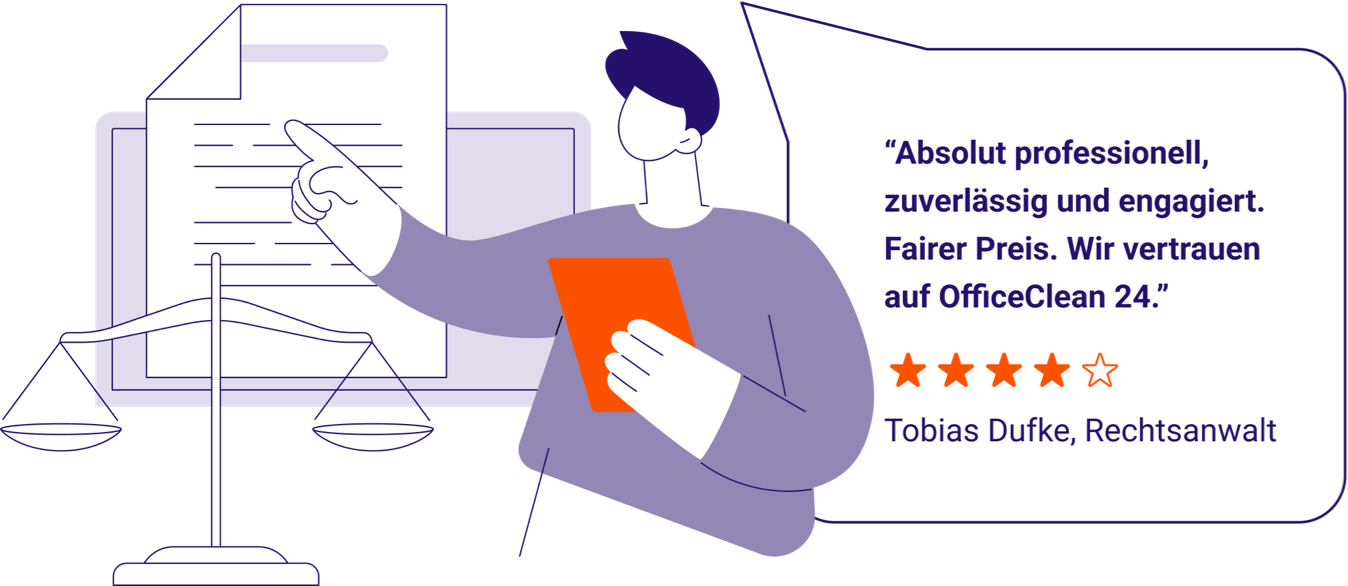 illustration zu Kundenfeedback: “Absolut professionell, zuverlässig und engagiert. Fairer Preis. Wir vertrauen auf OfficeClean 24.”